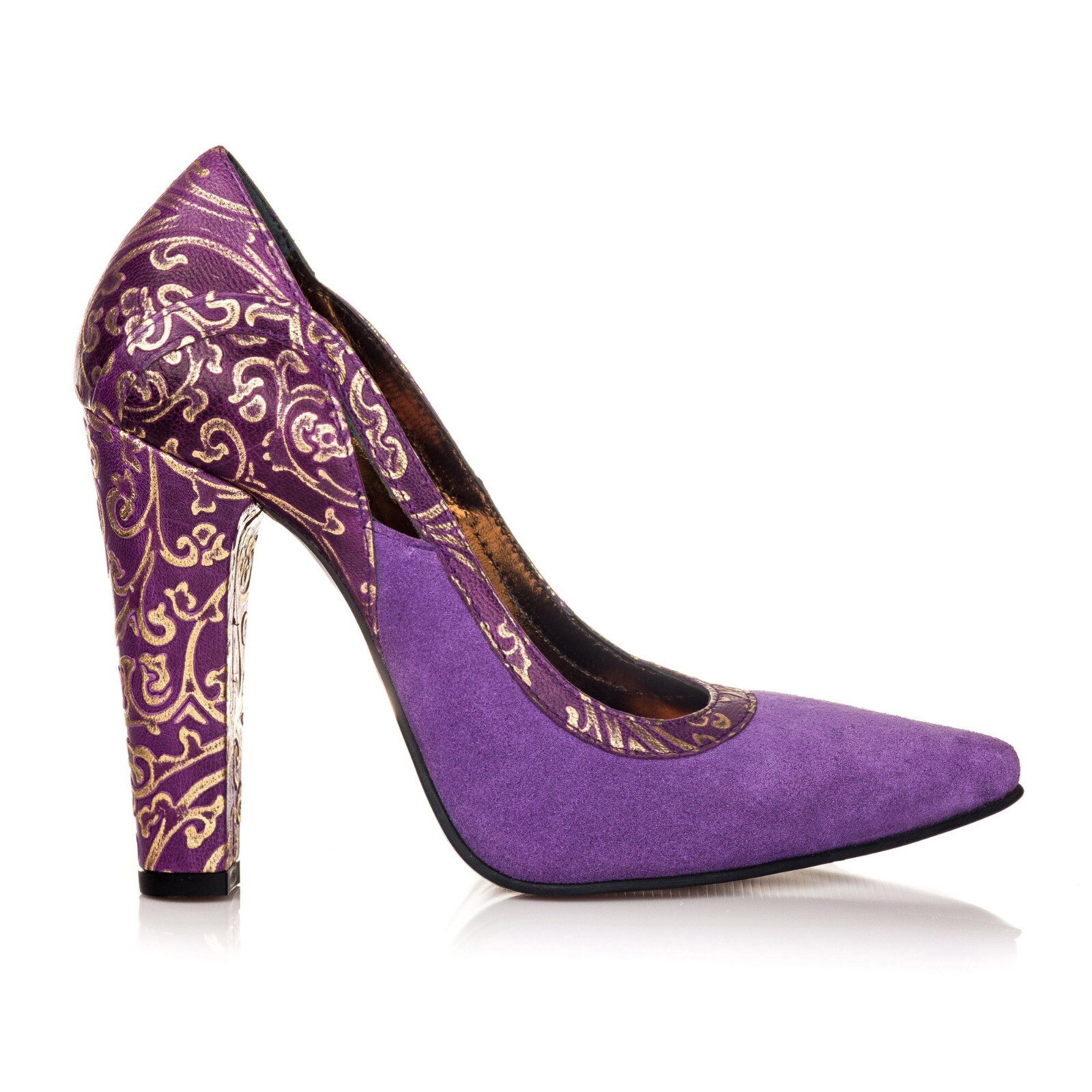 Pantofi eleganti de dama din piele, Toc gros imprimat, Mov
